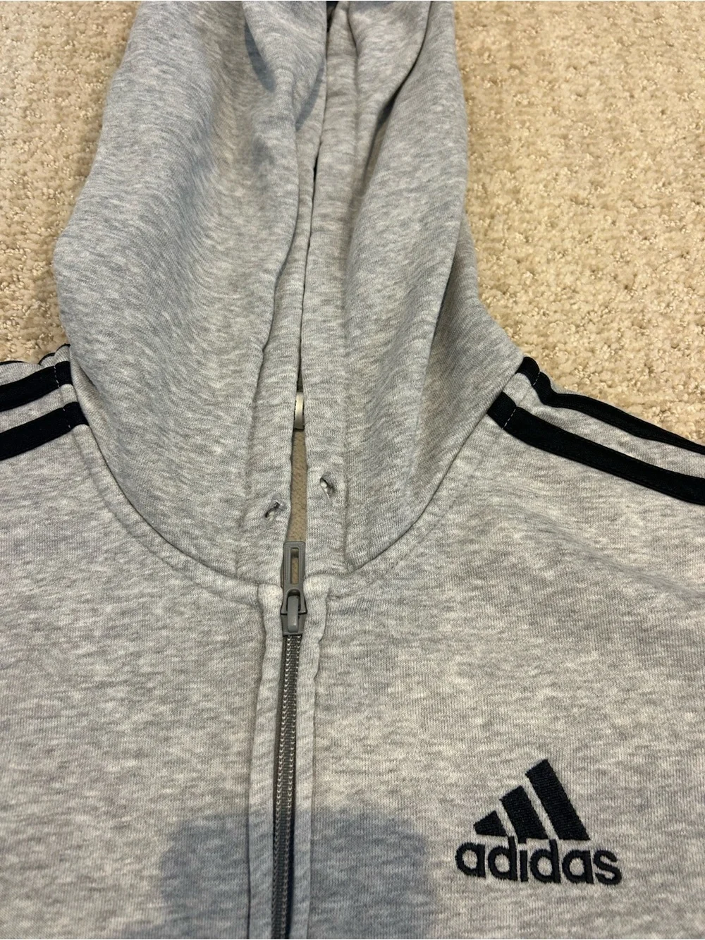 adidas Grey Full-Zip Hooded Sweatshirt with Black Stripes